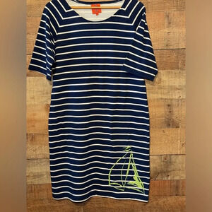 🌻 Tracy Negoshian Navy Striped T-Shirt Dress Women’s size Large Nautical Casual